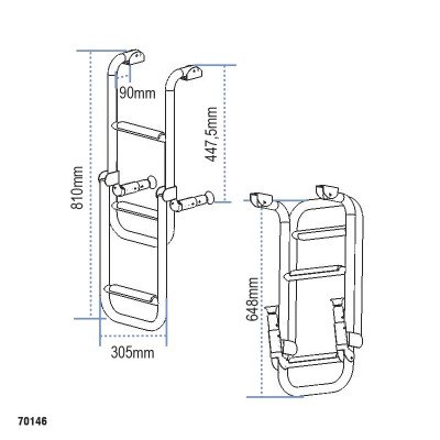 Lalizas Foldable Ladder, 1+2 steps, Inox 316, L810xW280mm